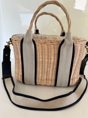 Woven Straw Tote with Beige & Black Straps